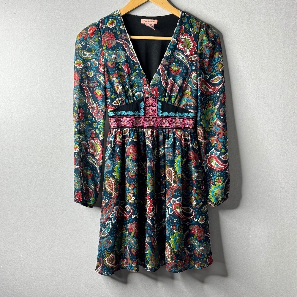 Flying Tomato Mini Dress Navy Blue Paisley Print Long Sleeves Size Extra Small